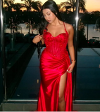 Niulatu Mermaid Spaghetti Straps Slit Red Satin Prom Dresses Long Party Dress SD2283