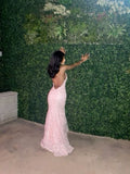Niulatu Mermaid Spaghetti Straps Blush Pink Lace Prom Dresses Long Party Dress SD2284