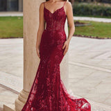 Niulatu Mermaid Spaghetti Straps Burgundy Lace Prom Dresses Long Party Dress SD2287