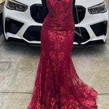 Niulatu Mermaid Spaghetti Straps Burgundy Lace Prom Dresses Long Party Dress SD2287