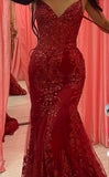 Niulatu Mermaid Spaghetti Straps Burgundy Lace Prom Dresses Long Party Dress SD2287