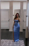 Niulatu Mermaid Straps Blue Satin Prom Dresses Long Party Dress SD2288