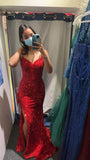 Niulatu Mermaid Spaghetti Straps Red Sequin Slit Prom Dresses Long Party Dress SD2289