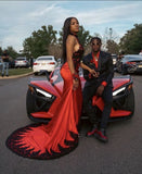 Niulatu Mermaid High Neckline Satin Red Black Lace Prom Dresses Long Party Dress SD2294