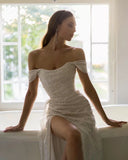 Niulatu Sheath Off The Shoulder Sequin Slit Prom Dress Birthday Outfits With Ruffles HZ1110