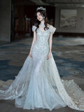 Niulatu Mermaid Off The Shoulder Tulle Silver Beads Long Prom Dresses Formal Evening Dress SD2311