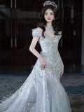 Niulatu Mermaid Off The Shoulder Tulle Silver Beads Long Prom Dresses Formal Evening Dress SD2311