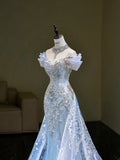 Niulatu Mermaid Off The Shoulder Tulle Silver Beads Long Prom Dresses Formal Evening Dress SD2311