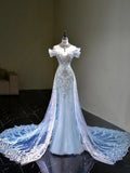 Niulatu Mermaid Off The Shoulder Tulle Silver Beads Long Prom Dresses Formal Evening Dress SD2311