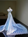 Niulatu Mermaid Off The Shoulder Tulle Silver Beads Long Prom Dresses Formal Evening Dress SD2311