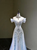Niulatu Mermaid Off The Shoulder Tulle Silver Beads Long Prom Dresses Formal Evening Dress SD2311