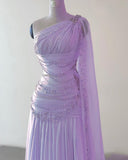 Niulatu Sheath One Shoulder Pink Long Chiffon Evening Gown Prom Dresses SD2314