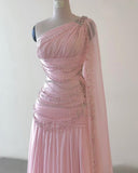 Niulatu Sheath One Shoulder Pink Long Chiffon Evening Gown Prom Dresses SD2314