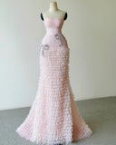 Niulatu Mermaid Strapless Tulle Pink Long Prom Dresses Party Dress SD2316