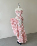 Niulatu High Low Strapless Tulle Pink Long Prom Dresses Party Dress SD2317