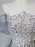 Niulatu Mermaid Off The Shoulder Sequin Blue Long Prom Dresses Evening Gowns SD2320