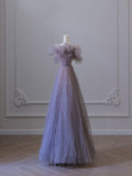Niulatu A line Off The Shoulder Light Grape Tulle Long Prom Dresses Evening Gowns SD2321