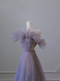 Niulatu A line Off The Shoulder Light Grape Tulle Long Prom Dresses Evening Gowns SD2321
