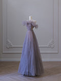 Niulatu A line Off The Shoulder Light Grape Tulle Long Prom Dresses Evening Gowns SD2321