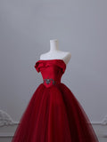 Niulatu Ball Gown Strapless Burgundy Tulle Long Prom Dresses Evening Gowns SD2322
