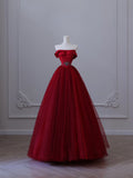 Niulatu Ball Gown Strapless Burgundy Tulle Long Prom Dresses Evening Gowns SD2322