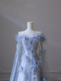 Niulatu A Line Off The Shoulder Floor-length Blue Sequin Short Sleeves Evening Dress Prom Dresses SD2325