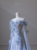 Niulatu A Line Off The Shoulder Floor-length Blue Sequin Short Sleeves Evening Dress Prom Dresses SD2325