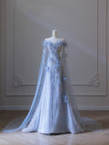 Niulatu A Line Off The Shoulder Floor-length Blue Sequin Short Sleeves Evening Dress Prom Dresses SD2325