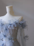 Niulatu A Line Off The Shoulder Floor-length Blue Sequin Short Sleeves Evening Dress Prom Dresses SD2325