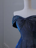 Niulatu A Line Off The Shoulder Blue Sequin Long Prom Dresses Evening Gowns SD2328