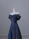 Niulatu A Line Off The Shoulder Blue Sequin Long Prom Dresses Evening Gowns SD2328