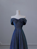 Niulatu A Line Off The Shoulder Blue Sequin Long Prom Dresses Evening Gowns SD2328
