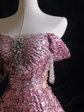 Niulatu A Line Off The Shoulder Pink Sequin Long Prom Dresses Evening Gowns SD2329