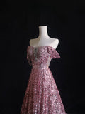 Niulatu A Line Off The Shoulder Pink Sequin Long Prom Dresses Evening Gowns SD2329
