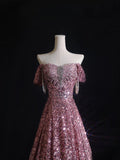 Niulatu A Line Off The Shoulder Pink Sequin Long Prom Dresses Evening Gowns SD2329