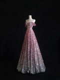 Niulatu A Line Off The Shoulder Pink Sequin Long Prom Dresses Evening Gowns SD2329