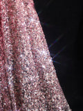 Niulatu A Line Off The Shoulder Pink Sequin Long Prom Dresses Evening Gowns SD2329