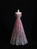Niulatu A Line Off The Shoulder Pink Sequin Long Prom Dresses Evening Gowns SD2329