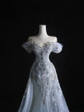 Niulatu Mermaid Off The Shoulder Silver Beads Long Prom Dresses Formal Evening Dress SD2333