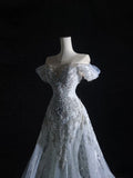 Niulatu Mermaid Off The Shoulder Silver Beads Long Prom Dresses Formal Evening Dress SD2333