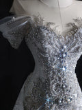 Niulatu Mermaid Off The Shoulder Silver Beads Long Prom Dresses Formal Evening Dress SD2333