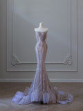 Niulatu Mermaid Strapless Lilac Sequin Beads Long Prom Dresses Formal Evening Dress SD2334