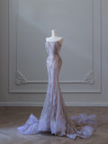 Niulatu Mermaid Strapless Lilac Sequin Beads Long Prom Dresses Formal Evening Dress SD2334