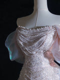 Niulatu A line Off The Shoulder Pink Sequin Long Prom Dresses Evening Gowns SD2335