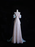 Niulatu A line Off The Shoulder Pink Sequin Long Prom Dresses Evening Gowns SD2335