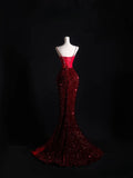 Niulatu Mermaid Spaghetti Straps Sequin Beads Burgundy Long Prom Dresses Formal Evening Dress SD2337