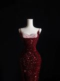 Niulatu Mermaid Spaghetti Straps Sequin Beads Burgundy Long Prom Dresses Formal Evening Dress SD2337