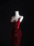 Niulatu Mermaid Spaghetti Straps Sequin Beads Burgundy Long Prom Dresses Formal Evening Dress SD2337