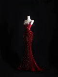 Niulatu Mermaid Spaghetti Straps Sequin Beads Burgundy Long Prom Dresses Formal Evening Dress SD2337