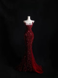 Niulatu Mermaid Spaghetti Straps Sequin Beads Burgundy Long Prom Dresses Formal Evening Dress SD2337